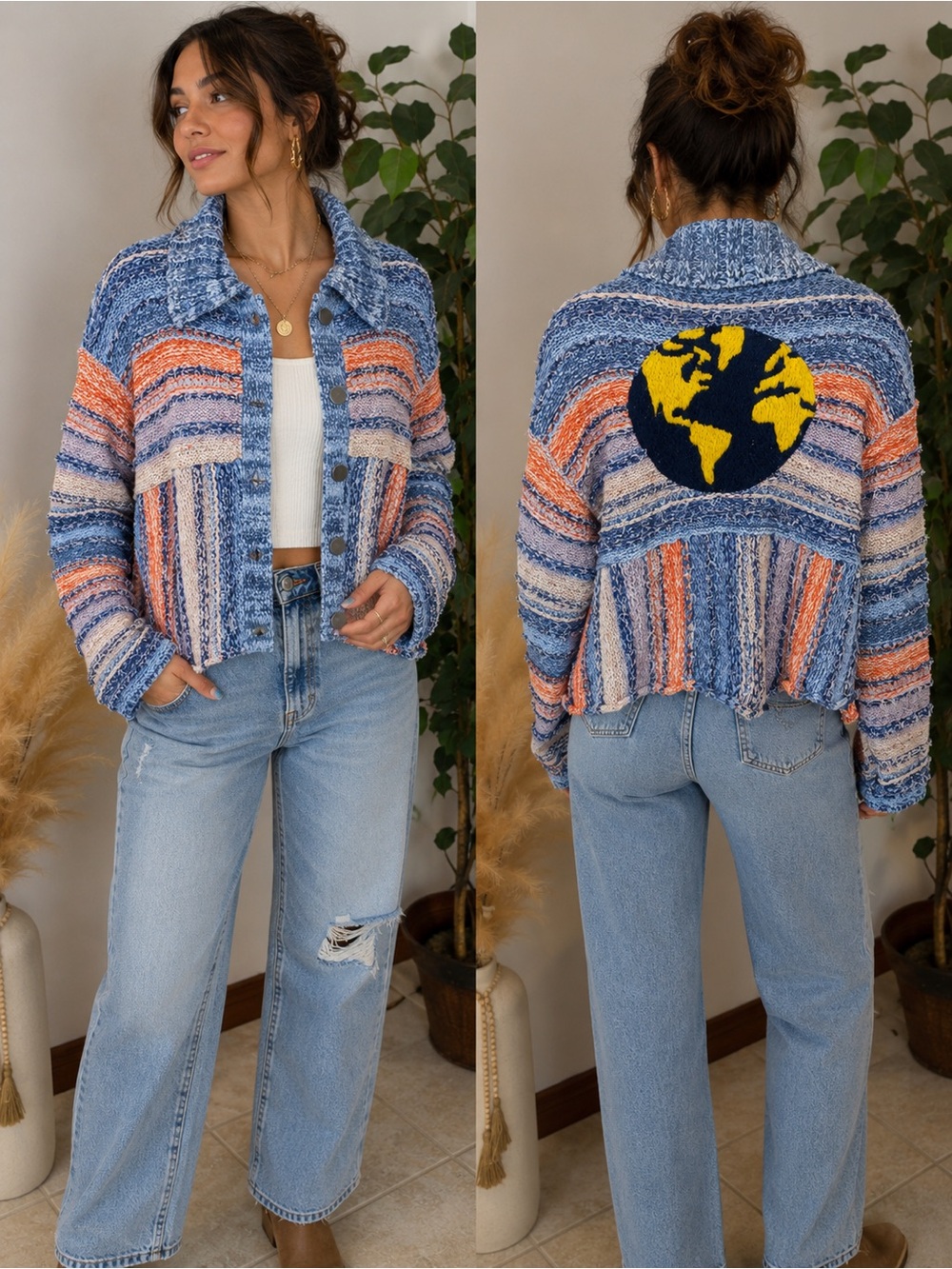Pilcro Anthropologie Earth Globe Patch Knit Cardigan Jacket Size Small